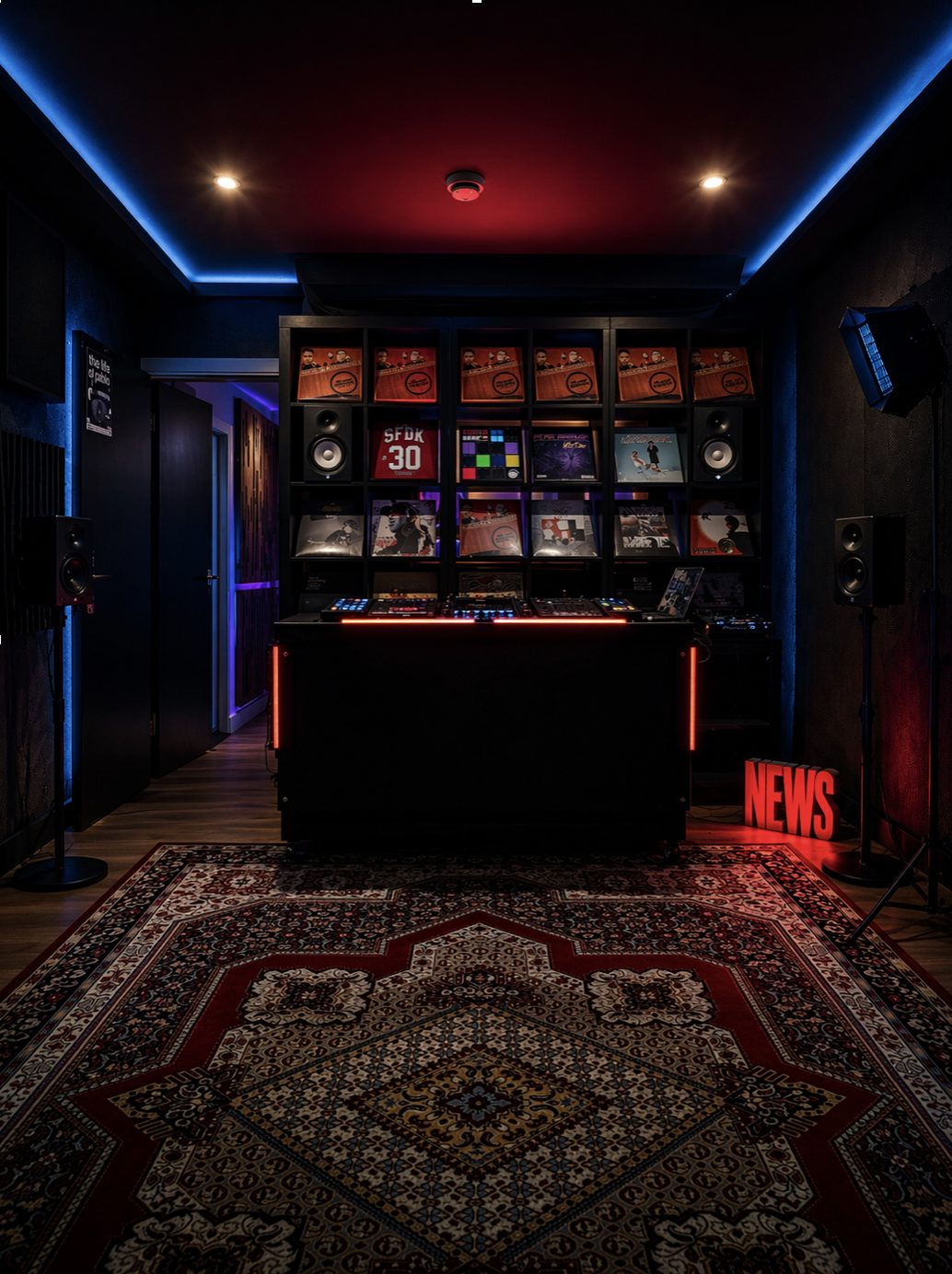Sala de DJ del estudio de noche, con cabina iluminada y pared de vinilos